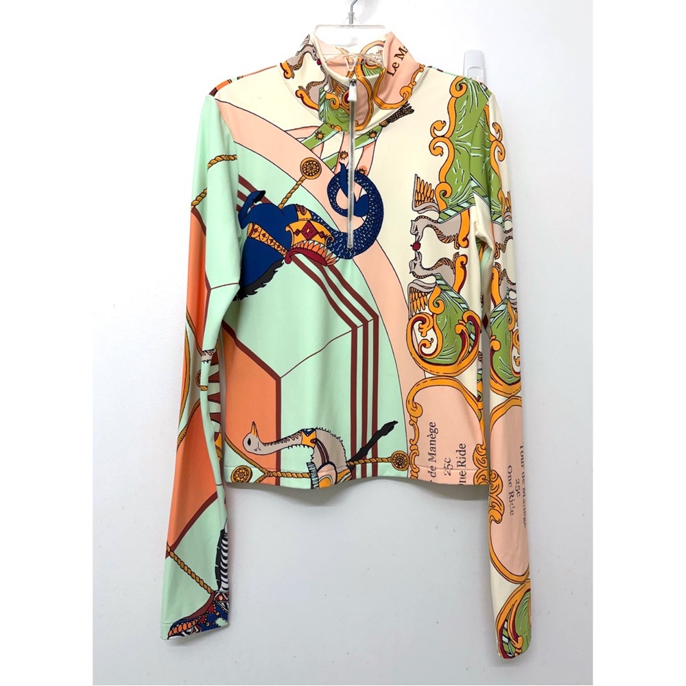 NWT Tory Burch Carousel Printed Crop Half Zip Top Animal Peach Orange Carnival L